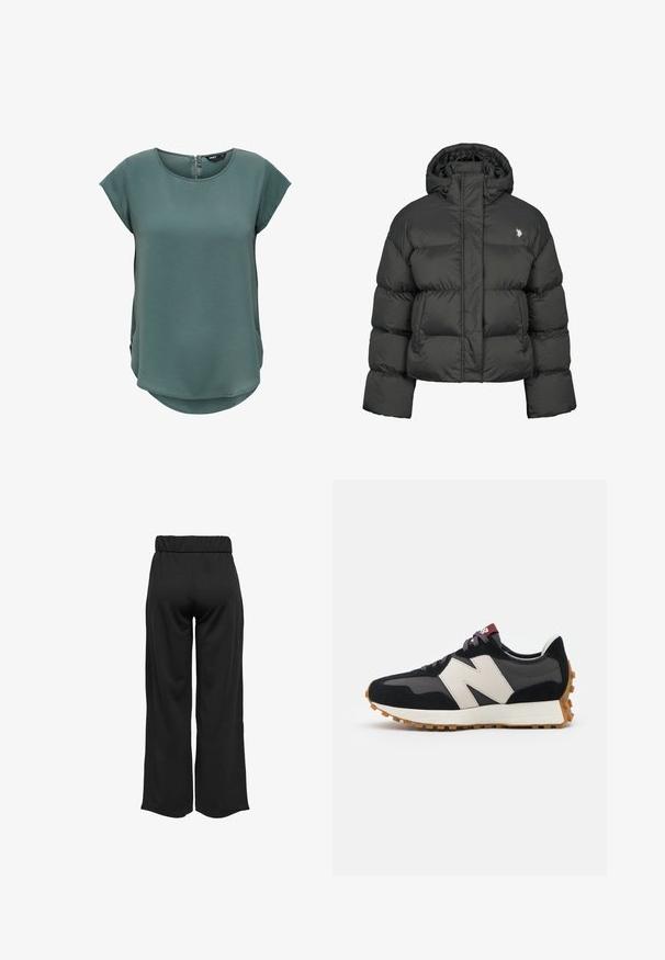 Jachetă puffere neagră cu un design cropped, având un guler înalt și manșete cu nervuri. Include un mic logo pe partea stângă. Textură netedă.; Top verde cu maneci scurte, realizat dintr-un material texturat. Dispune de un decolteu rotund și o închidere cu fermoar discretă la spate, cu un tiv ușor curbat.; Pantaloni negri, cu croi larg și talie elastică, realizați dintr-un material neted. Au un design simplu, fără buzunare sau detalii de cusătură vizibile.; Adidași din suede negru și gri cu un mare logo "N" de culoare crem, sireturi purpurii și o talpă din cauciuc texturat de culoare gumă.