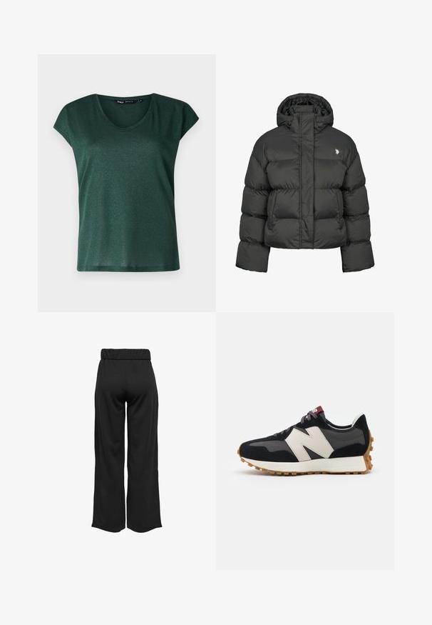 Schwarze Pufferjacke mit cropped Design, hochgeschlossenem Kragen und gerippten Bündchen. Mit kleinem Logo auf der linken Seite. Glatte Textur.; Dunkelgrünes Kurzarmoberteil mit rundem Ausschnitt, gefertigt aus schimmerndem Material. Glatte Textur mit lockerer Passform.; Schwarze, weit geschnittene Hose mit elastischem Bund, aus glattem Stoff gefertigt. Hat ein cleanes Design ohne Taschen oder sichtbare Nähte.; Schwarze und graue Wildledersneaker mit einem großen cremefarbenen "N"-Logo, lila Schnürsenkeln und einer strukturierten Gummisohle.