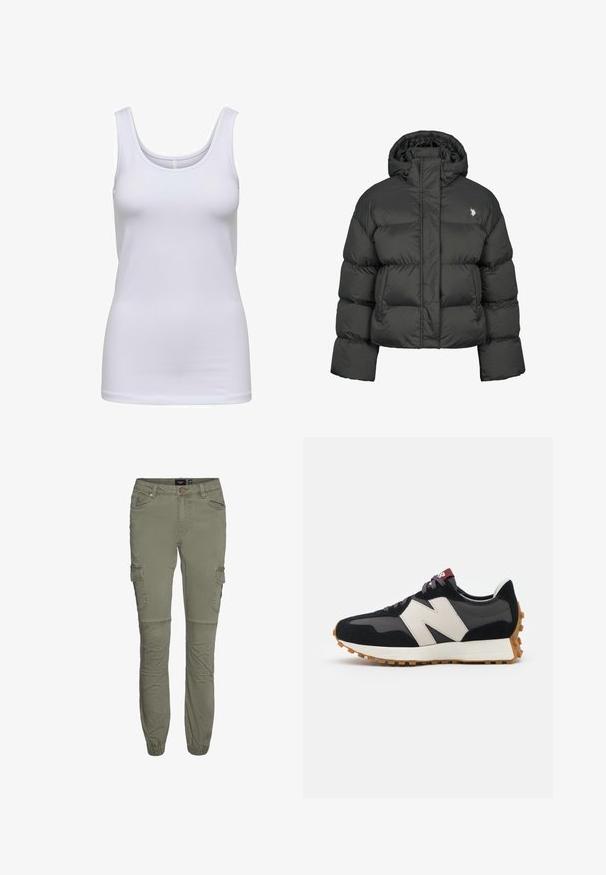 Zwarte pufferjack met een cropped ontwerp, voorzien van een hoge kraag en ribgebreide manchetten. Inclusief een klein logo aan de linkerkant. Gladde textuur.; Witte tanktop, gemaakt van zachte stof, heeft een ronde halslijn, een slim fit en geen zichtbare patronen of accenten.; Olijf groene cargobroek van een duurzame katoenmix met taps toelopende boorden, meerdere zakken en knievouwen voor extra bewegingsvrijheid.; Zwarte en grijze suède sneaker met een groot crèmekleurig "N"-logo, paarse veters en een gestructureerde rubberen zool van gum.