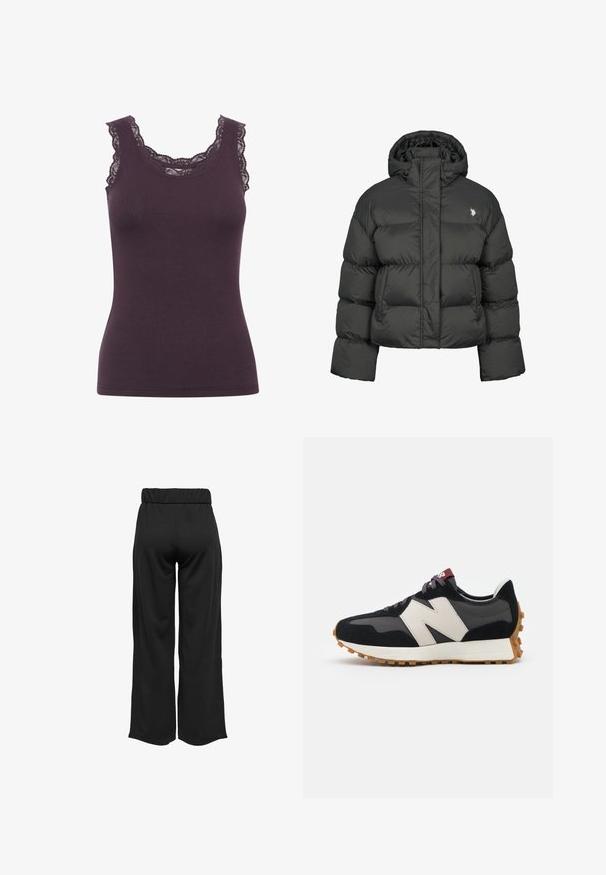 Schwarze Pufferjacke mit cropped Design, hochgeschlossenem Kragen und gerippten Bündchen. Mit kleinem Logo auf der linken Seite. Glatte Textur.; Dunkelviolettes, geripptes Tanktop mit rundem Ausschnitt und aufwändiger Spitzenverzierung entlang der Kanten, in taillierter Silhouette.; Schwarze, weit geschnittene Hose mit elastischem Bund, aus glattem Stoff gefertigt. Hat ein cleanes Design ohne Taschen oder sichtbare Nähte.; Schwarze und graue Wildledersneaker mit einem großen cremefarbenen "N"-Logo, lila Schnürsenkeln und einer strukturierten Gummisohle.