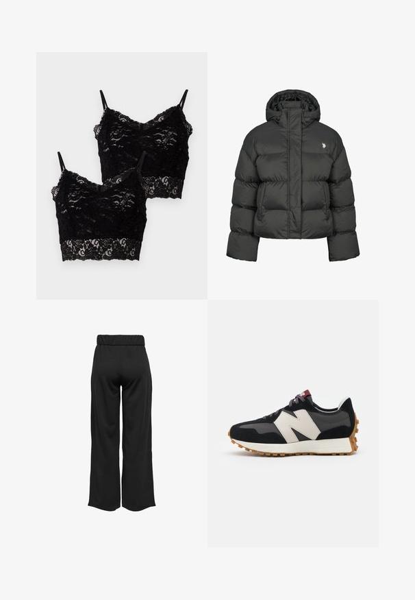 Svart pufferjacka med kort design, featuring hög krage och ribbade ärmslut. Inkluderar en liten logotyp på vänster sida. Slät textur.; Två svarta spets-bh:ar med tunna band, blommönster och vågiga kanter, lagda överlappande på en vit bakgrund.; Svarta, vida byxor med elastisk midja, tillverkade av en mjuk tyg. Har en ren design utan fickor eller synliga sömdetaljer.; Svart och grå mocka sneaker med en stor krämfärgad "N"-logotyp, lila snören och en texturerad gummisula.