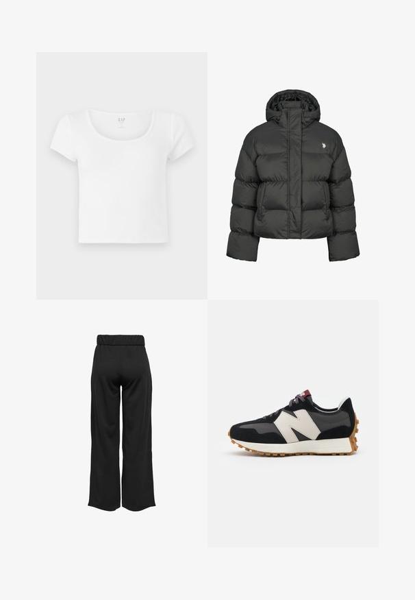 Schwarze Pufferjacke mit cropped Design, hochgeschlossenem Kragen und gerippten Bündchen. Mit kleinem Logo auf der linken Seite. Glatte Textur.; Weißes kurzes T-Shirt mit kurzen Ärmeln aus weicher Baumwolle, mit einem runden Ausschnitt und schlichten Design ohne Muster oder Akzente.; Schwarze, weit geschnittene Hose mit elastischem Bund, aus glattem Stoff gefertigt. Hat ein cleanes Design ohne Taschen oder sichtbare Nähte.; Schwarze und graue Wildledersneaker mit einem großen cremefarbenen "N"-Logo, lila Schnürsenkeln und einer strukturierten Gummisohle.