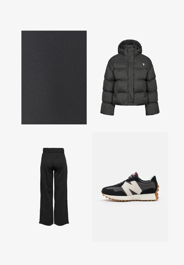 Must mustaga oli, millel on lühike disain, kõrge krae ja ribatud mansetid. Vasakul küljel on väike logo. Sile tekstuur.; Tekstureeritud must kangas, millel on vertikaalne soonik. Materjal näeb välja veniv ja sile, sobib hästi rõivaste või mööbli katteks.; Mustad, laiad püksid elastse vöökohtaga, valmistatud siledast kangast. Omab lihtsat disaini, ilma taskute või nähtavate õmbluste detailideta.; Mustmust ja halli nubukist tennisajal on suur kreemjas "N" logo, lilla paelad ja tekstureeritud kummist välispohja.