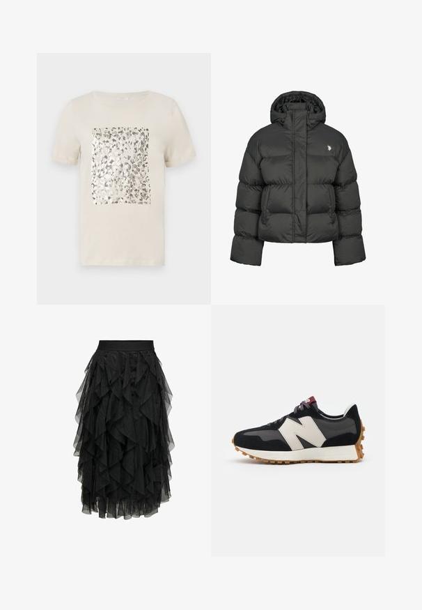 Jachetă puffere neagră cu un design cropped, având un guler înalt și manșete cu nervuri. Include un mic logo pe partea stângă. Textură netedă.; Tricou bej cu mânecă scurtă, având un grafic pătrat cu imprimeu animal argintiu în centru. Material din bumbac moale, guler clasic de tip crew.; Fustă midi neagră, confecționată din tul stratificat, cu un design volanat. Dispune de o talie elastică. Materialul transparent adaugă textură și mișcare.; Adidași din suede negru și gri cu un mare logo "N" de culoare crem, sireturi purpurii și o talpă din cauciuc texturat de culoare gumă.