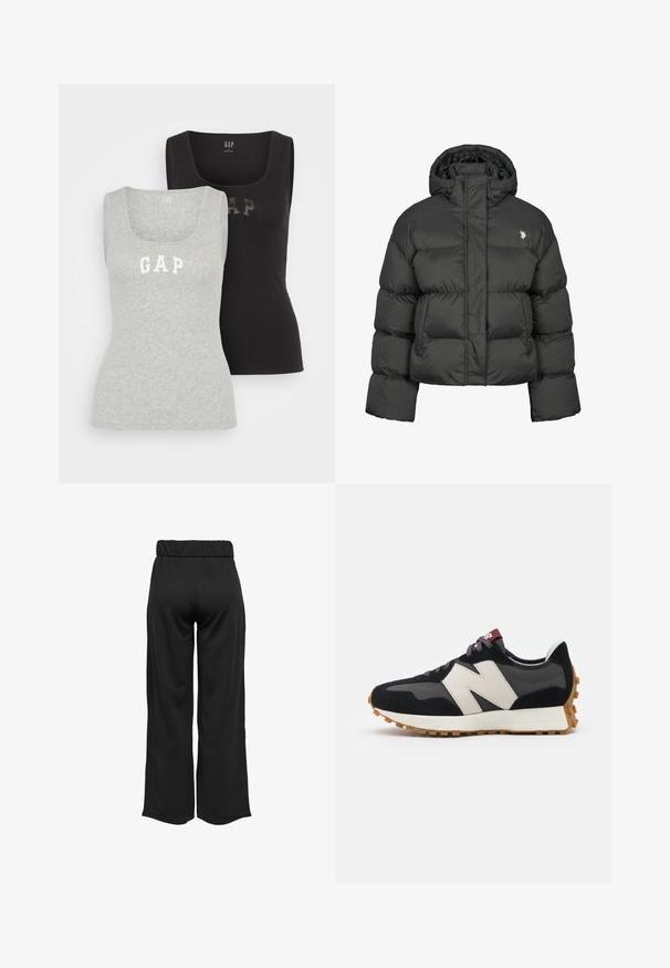 Melnā pūkainā jaka ar īsu dizainu, ar augstu apkakli un ribotām piedurknēm. Iekļauts mazs logo kreisajā pusē. Gluda tekstūra.; GAP TANK 2 PACK - Tops - black/grey; Melnas, platas bikses ar elastīgu jostu, izgatavotas no gludas auduma. Iespējamā tīra dizaina ar bez kabatām un redzamām šuvēm.; Melnas un pelēkas zamšādas sporta kurpes ar lielu krēmkrāsas "N" logotipu, purpura šņorēm un strukturētu gumijas zoli.