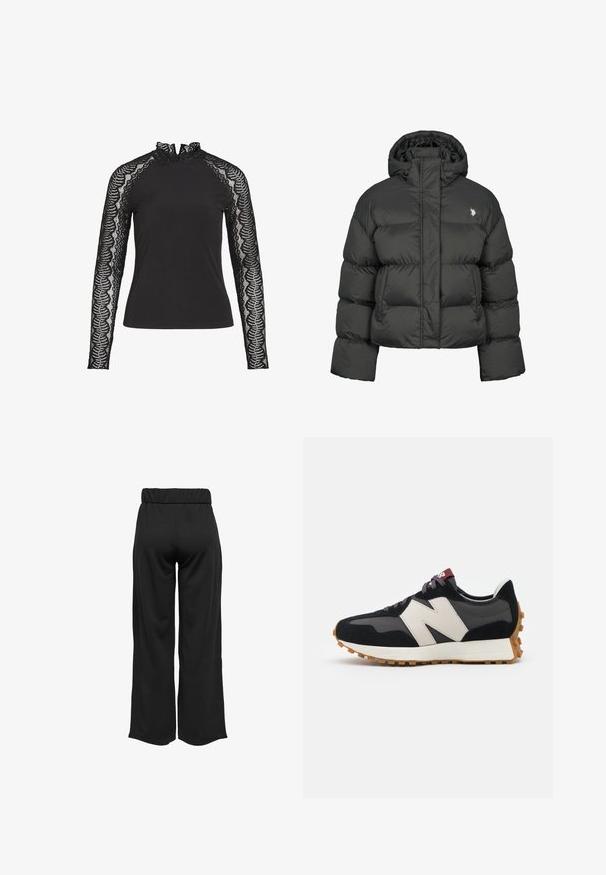 Černá péřová bunda s kratším střihem, vysokým límcem a žebrovanými manžetami. Obsahuje malé logo na levé straně. Hladká textura.; Černý top s dlouhými rukávy a vysokým volánkovým límcem, krajkovými rukávy s vlnkovým vzorem, vyrobený z hladké tkaniny.; Černé široké kalhoty s elastickým pasem, vyrobené z hladkého materiálu. Disponují čistým designem bez kapes nebo viditelných švů.; Černé a šedé semišové tenisky s velkým krémovým logem "N", fialovými tkaničkami a strukturovanou gumovou podrážkou.