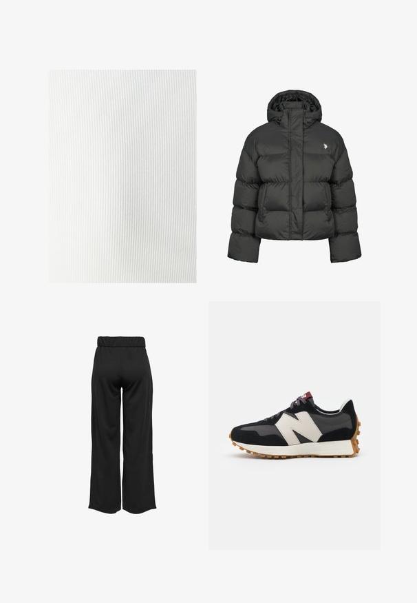 Čierna prešívaná bunda so skráteným strihom, vybavená vysokým golierom a rebrovanými manžetami. Obsahuje malé logo na ľavej strane. Hladká textura.; Biela rebrovaná textília s jemnou štruktúrou, s vertikálnymi líniami a hladkým povrchom. Vhodná na rôzne odevné aplikácie.; Čierne široké nohavice s elastickým pásom, vyrobené z hladkej tkaniny. Majú jednoduchý dizajn, bez vreciek alebo viditeľných švíkov.; Čierne a sivé semišové tenisky s veľkým krémovým logom "N", fialovými šnúrkami a textúrovanou gumovou podrážkou.