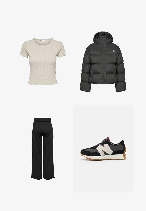 Fekete puffermellény cropped fazonban, magas gallérral és bordázott mandzsettákkal. Bal oldalon kis logó található. Sima textúra.; Bej csíkos, rövid ujjú póló, testhez simuló fazonban és hullámos szegéllyel, kerek nyakkivágással és puha textúrával.; Fekete, bővülő szárú nadrág, elasztikus derékkal, sima anyagból készült. Tiszta dizájn jellemzi, zsebek és látható varrási részletek nélkül.; Fekete és szürke velúr sportcipő nagy krémszínű "N" logóval, lila fűzőkkel és texturált gumi talppal.