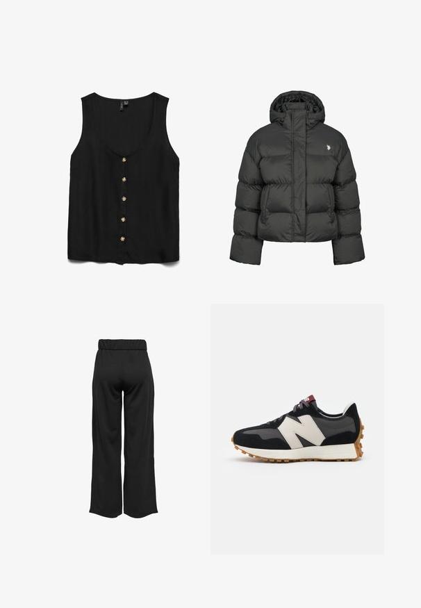 Czarna kurtka puchowa o kroju crops, z wysokim kołnierzem i ściągaczami. Zawiera małe logo po lewej stronie. Gładka tekstura.; Czarna bezrękawnikowa bluzka z głębokim dekoltem w kształcie V, ozdobiona złotymi guzikami na przodzie i gładkim, lekkim materiałem.; Czarne, szerokie spodnie z elastycznym pasem, wykonane z gładkiego materiału. Charakteryzują się prostym wzornictwem, bez kieszeni i widocznych szwów.; Czarno-szare zamszowe sneakersy z dużym kremowym logo "N", purpurowymi sznurówkami i teksturowaną gumową podeszwą.