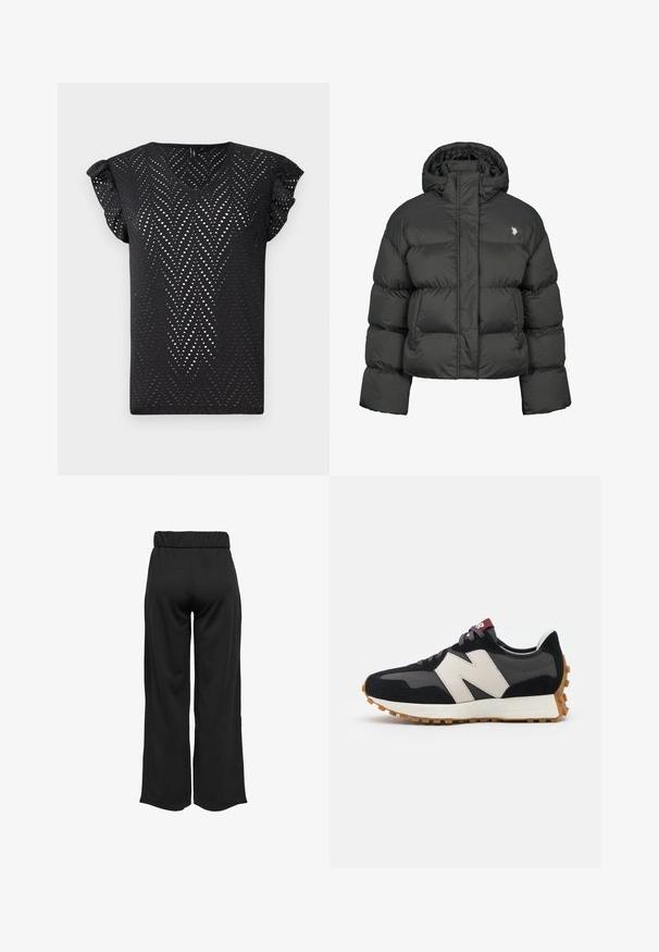 Jachetă puffere neagră cu un design cropped, având un guler înalt și manșete cu nervuri. Include un mic logo pe partea stângă. Textură netedă.; Top scurt, negru, cu mâneci scurte și decolteu în V, prezentând un model perforat în zig-zag și mâneci cu volane, realizat dintr-un material ușor.; Pantaloni negri, cu croi larg și talie elastică, realizați dintr-un material neted. Au un design simplu, fără buzunare sau detalii de cusătură vizibile.; Adidași din suede negru și gri cu un mare logo "N" de culoare crem, sireturi purpurii și o talpă din cauciuc texturat de culoare gumă.