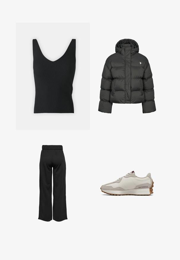 Must mustaga oli, millel on lühike disain, kõrge krae ja ribatud mansetid. Vasakul küljel on väike logo. Sile tekstuur.; Must mustrihaga mustriga, sügava V-kujuga kaelus ja laiad õlapaelad. Sile tekstuur, keha lähedane siluett ja ilma nähtavate kaunistusteta.; Mustad, laiad püksid elastse vöökohtaga, valmistatud siledast kangast. Omab lihtsat disaini, ilma taskute või nähtavate õmbluste detailideta.; Madaline beež ja kreem New Balancei sneaker, millel on kummist tallad ja paelad, näidatud välise külje profiil valgel taustal.