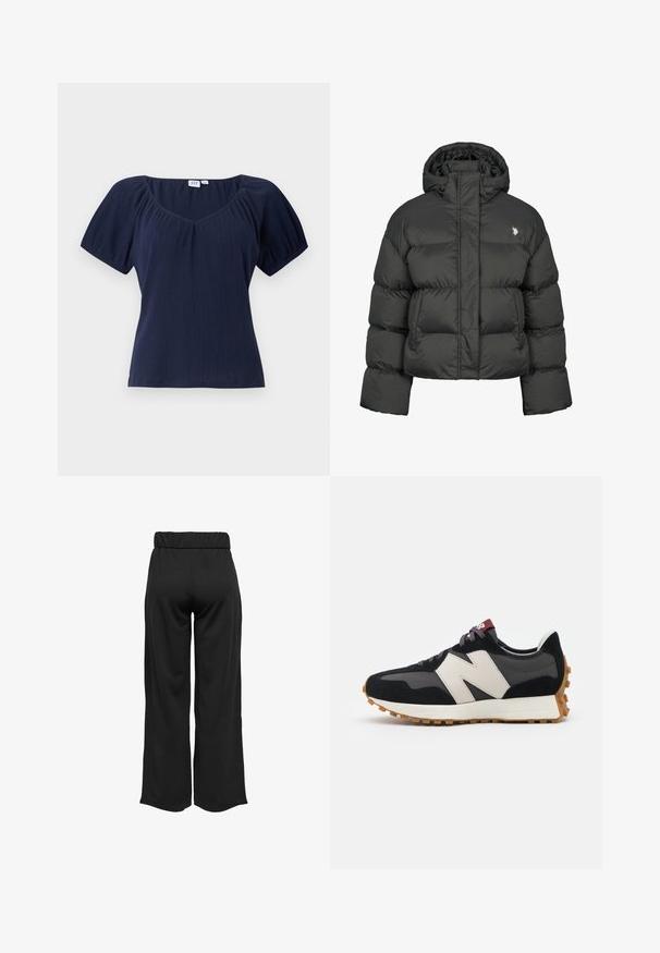 Black puffer jacket with a cropped design, featuring a high collar and ribbed cuffs. Includes a small logo on the left side. Smooth texture.; Navy blue short-sleeve top with a scoop neckline, ribbed texture, and gathered shoulder seams for added shape and volume.; Black, wide-leg pants with an elastic waistband, made from smooth fabric. Features a clean design with no pockets or visible stitching details.; Black and gray suede sneaker with a large cream-colored "N" logo, purple laces, and a textured gum rubber outsole.