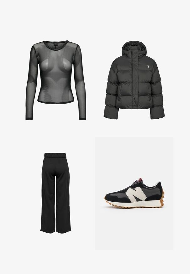 Schwarze Pufferjacke mit cropped Design, hochgeschlossenem Kragen und gerippten Bündchen. Mit kleinem Logo auf der linken Seite. Glatte Textur.; JDY JDYELSA O-NECK  - Langarmshirt - black; Schwarze, weit geschnittene Hose mit elastischem Bund, aus glattem Stoff gefertigt. Hat ein cleanes Design ohne Taschen oder sichtbare Nähte.; Schwarze und graue Wildledersneaker mit einem großen cremefarbenen "N"-Logo, lila Schnürsenkeln und einer strukturierten Gummisohle.