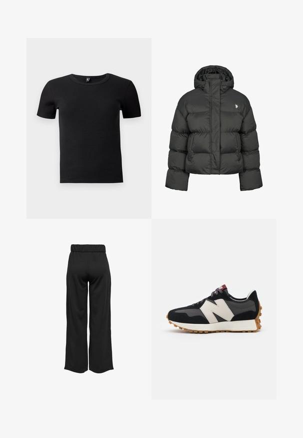 Juodas pūkinis švarkas su trumpu dizainu, turintis aukštą apykaklę ir sutrauktus rankogalvius. Kairėje pusėje esantis mažas logotipas. Lygus paviršius.; Juodas trumpas rankovėmis marškinėliai, pagaminti iš rūbų medžiagos. Turi klasikinį apvalų iškirpimą ir prigludusią siluetą. Be papildomų akcentų.; Juodos, plačios kelnės su elastinga juosta, pagamintos iš lygaus audinio. Pasižymi švariu dizainu, be kišenių ar matomų siūlių detalių.; Juoda ir pilka zomšinė sportinė avalynė su dideliu kreminiu "N" logotipu, violetinėmis raištelėmis ir tekstūruota gumos padu.