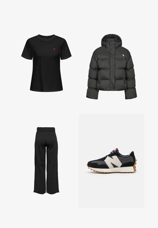 Črna puhafka s skrajšanim dizajnom, ki ima visok ovratnik in rebraste manšete. Vsebuje majhen logo na levi strani. Gladka tekstura.; Črna bombažna majica s kratkimi rokavi in okroglim izrezom, z majhnim rdečim srcem vezanim na levem prsnem delu.; Črne hlače širokega kroja z elastičnim pasom, izdelane iz gladkega materiala. Imajo preprost dizajn brez žepov ali vidnih šivov.; Črne in sive semiš športne copate z velikim kremnim logotipom "N", vijoličastimi vezalkami in teksturiranim gumijastim podplatom.