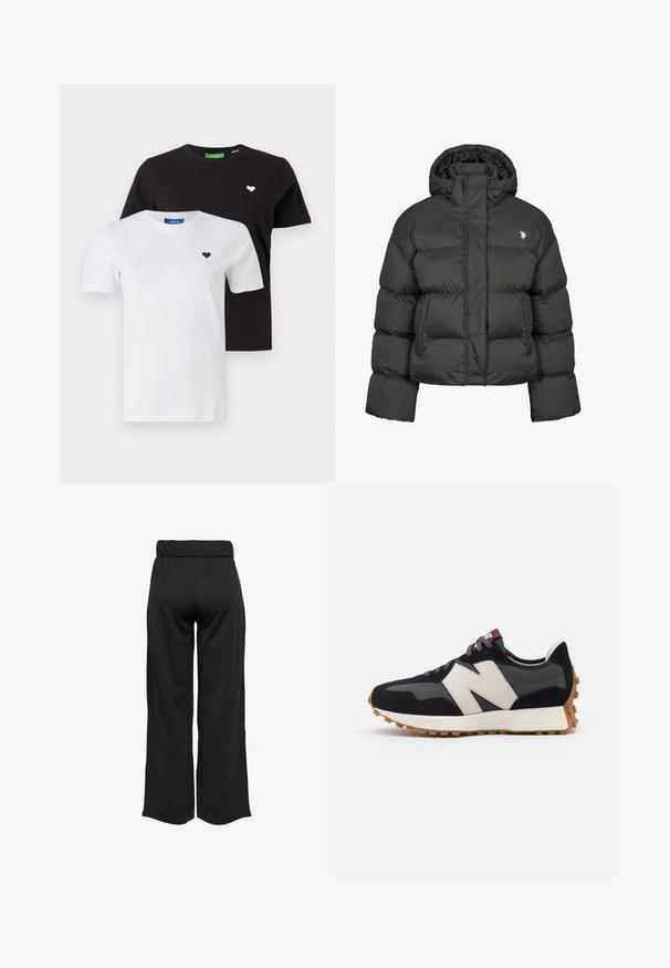 Čierna prešívaná bunda so skráteným strihom, vybavená vysokým golierom a rebrovanými manžetami. Obsahuje malé logo na ľavej strane. Hladká textura.; Dve bavlnené tričká: jedno čierne s bielym logom srdca, jedno biele s čiernym logom srdca. Obe majú klasický okrúhly výstrih a krátke rukávy.; Čierne široké nohavice s elastickým pásom, vyrobené z hladkej tkaniny. Majú jednoduchý dizajn, bez vreciek alebo viditeľných švíkov.; Čierne a sivé semišové tenisky s veľkým krémovým logom "N", fialovými šnúrkami a textúrovanou gumovou podrážkou.