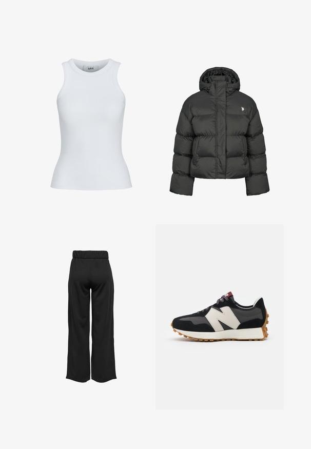 Svart pufferjacka med kort design, featuring hög krage och ribbade ärmslut. Inkluderar en liten logotyp på vänster sida. Slät textur.; Vit ribbad linne med rundad halsringning och ärmlös design. Har en slim fit och mjuk textur, lämplig för lager på lager.; Svarta, vida byxor med elastisk midja, tillverkade av en mjuk tyg. Har en ren design utan fickor eller synliga sömdetaljer.; Svart och grå mocka sneaker med en stor krämfärgad "N"-logotyp, lila snören och en texturerad gummisula.