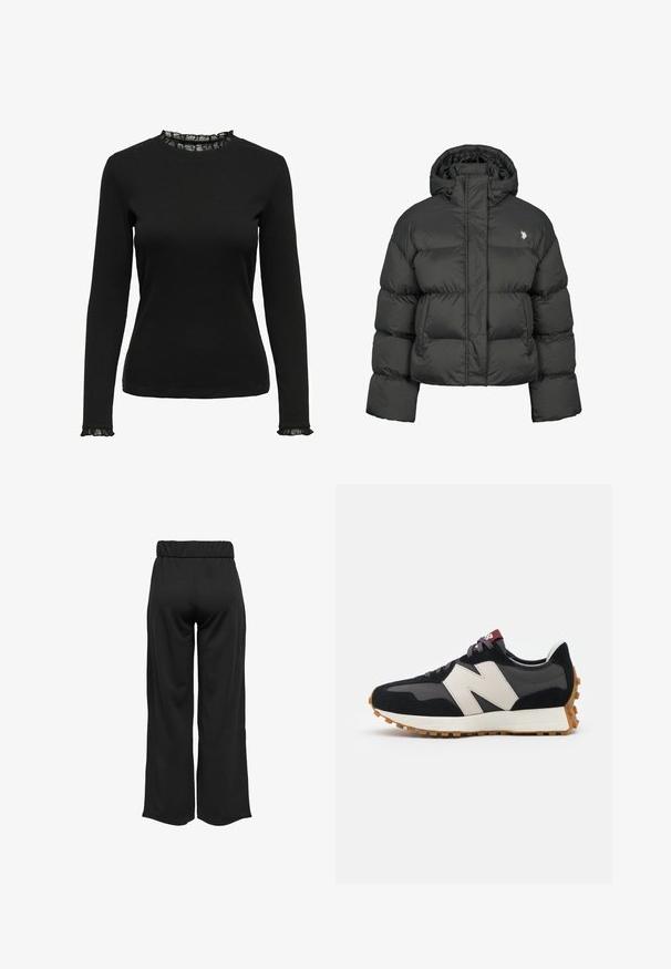 Zwarte pufferjack met een cropped ontwerp, voorzien van een hoge kraag en ribgebreide manchetten. Inclusief een klein logo aan de linkerkant. Gladde textuur.; Zwarte lange mouwen top van ribstof, met een gerimpeld kantdetail bij de halslijn en mouwen. Eenvoudig rond halsontwerp.; Zwarte, wijde broek met een elastische tailleband, gemaakt van gladde stof. Heeft een strakke uitstraling zonder zakken of zichtbare stikseldetails.; Zwarte en grijze suède sneaker met een groot crèmekleurig "N"-logo, paarse veters en een gestructureerde rubberen zool van gum.