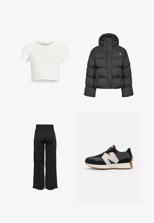 Sort puffersjakke med en cropped design, der har en høj krave og ribbede manchetter. Inkluderer et lille logo på venstre side. Glat tekstur.; Hvid, cropped t-shirt lavet af ribbet stof. Har en rund halsudskæring og korte ærmer. Glat tekstur med en tætsiddende form.; Sorte, vide bukser med elastisk talje, lavet af glat stof. Har et enkelt design uden lommer eller synlige sømdetaljer.; Sort og grå ruskinds sneakers med et stort cremefarvet "N" logo, lilla snørebånd og en struktureret gummisål.