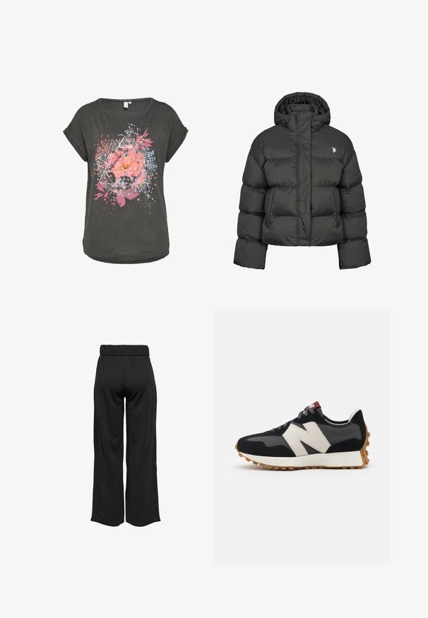 Černá péřová bunda s kratším střihem, vysokým límcem a žebrovanými manžetami. Obsahuje malé logo na levé straně. Hladká textura.; Tmavě šedé tričko s krátkým rukávem s květinovou grafikou, na které jsou růžové květiny a modré akcenty, obklopené geometrickými tvary a skvrnitými vzory.; Černé široké kalhoty s elastickým pasem, vyrobené z hladkého materiálu. Disponují čistým designem bez kapes nebo viditelných švů.; Černé a šedé semišové tenisky s velkým krémovým logem "N", fialovými tkaničkami a strukturovanou gumovou podrážkou.