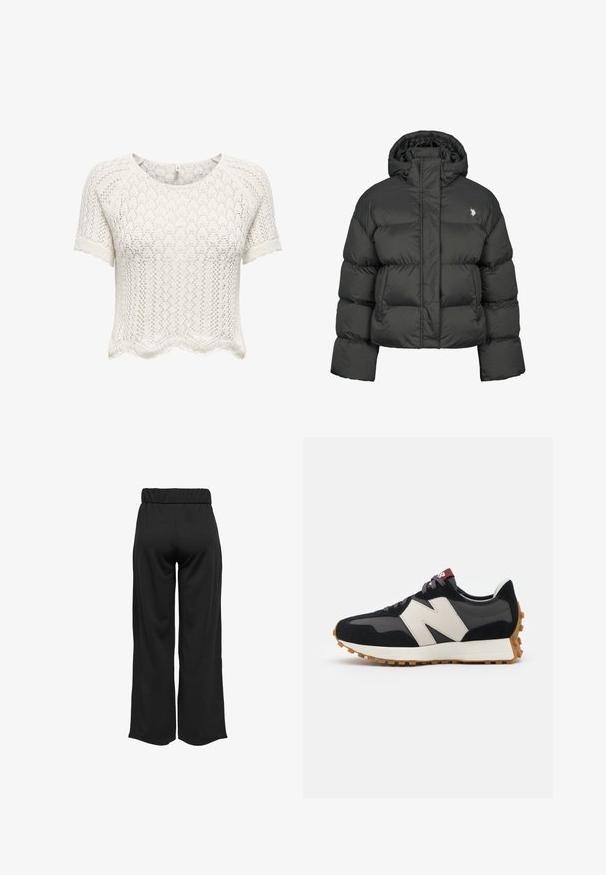 Melnā pūkainā jaka ar īsu dizainu, ar augstu apkakli un ribotām piedurknēm. Iekļauts mazs logo kreisajā pusē. Gluda tekstūra.; Balts, īsām piedurknēm, apgriezts džemperis izgatavots no atvērtās adīšanas auduma ar viļņotu apakšējo malu un teksturētu rakstu. Apaļš dekoltē un brīvā forma.; Melnas, platas bikses ar elastīgu jostu, izgatavotas no gludas auduma. Iespējamā tīra dizaina ar bez kabatām un redzamām šuvēm.; Melnas un pelēkas zamšādas sporta kurpes ar lielu krēmkrāsas "N" logotipu, purpura šņorēm un strukturētu gumijas zoli.