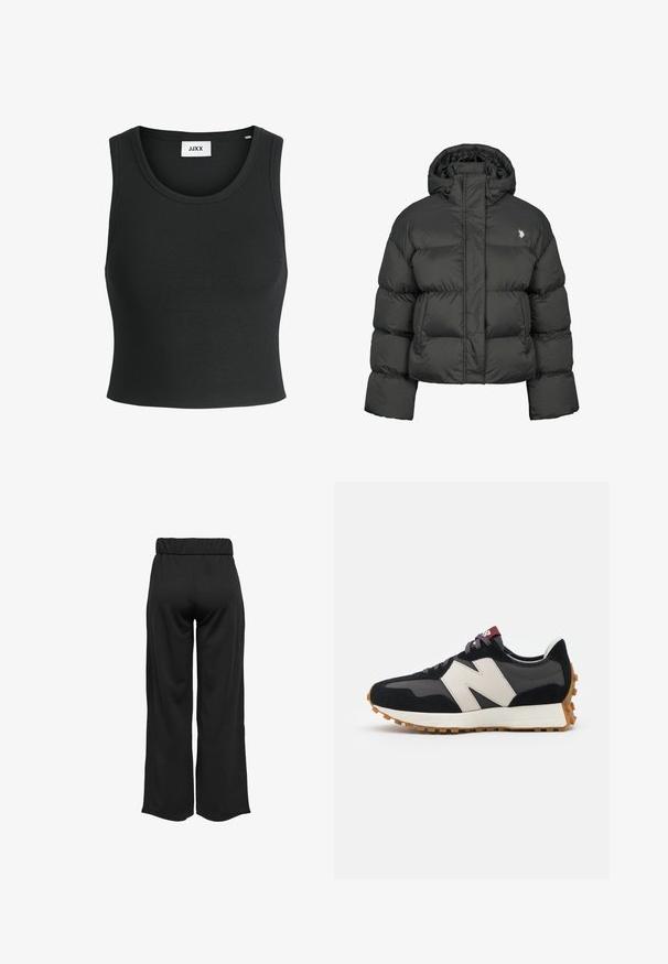 Fekete puffermellény cropped fazonban, magas gallérral és bordázott mandzsettákkal. Bal oldalon kis logó található. Sima textúra.; Fekete bordás ujjatlan felső kerek nyakkivágással; puha, rugalmas anyagból készült, a kényelem és a megfelelő illeszkedés érdekében.; Fekete, bővülő szárú nadrág, elasztikus derékkal, sima anyagból készült. Tiszta dizájn jellemzi, zsebek és látható varrási részletek nélkül.; Fekete és szürke velúr sportcipő nagy krémszínű "N" logóval, lila fűzőkkel és texturált gumi talppal.