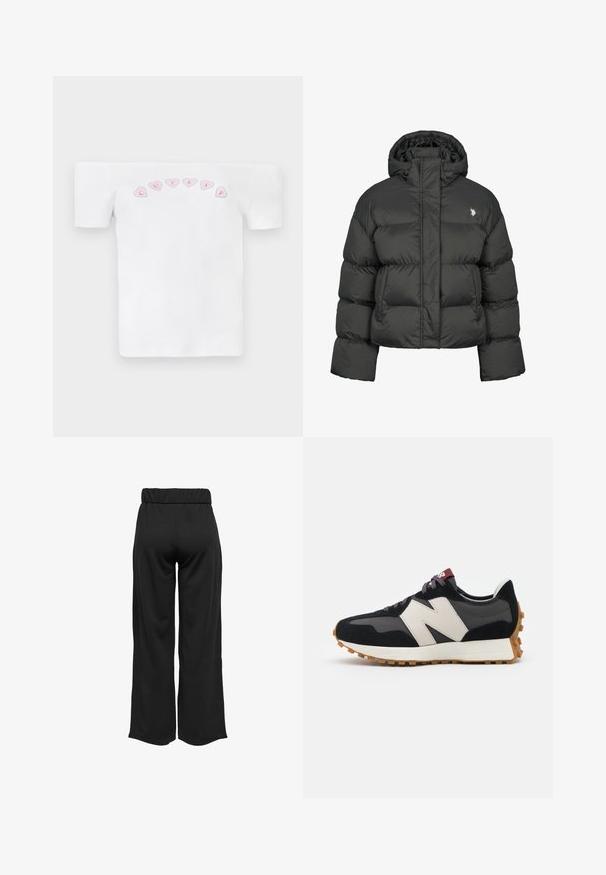 Musta toppatakki, jonka leikkaus on lyhyt ja siinä on korkea kaulus sekä ribbaus hihansuissa. Vasemmalla puolella pieni logo. Sileä pinta.; Valkoinen olkapäiltä avattu t-paita, joka on tehty puuvillasta. Paidassa on vaaleanpunainen sydänkuvio ja rinnan kohdalla leikillinen teksti "CUTIES".; Mustat, leveälahkeiset housut, joissa on joustava vyötärö, valmistettu sileästä kankaasta. Ominaisuuksia ovat puhdas muotoilu ilman taskuja tai näkyviä ompelusaumoja.; Mustat ja harmaat mokkakenkä, jossa on suuri kermanvärinen "N"-logo, violetit nauhat ja teksturoitu kumipohja.