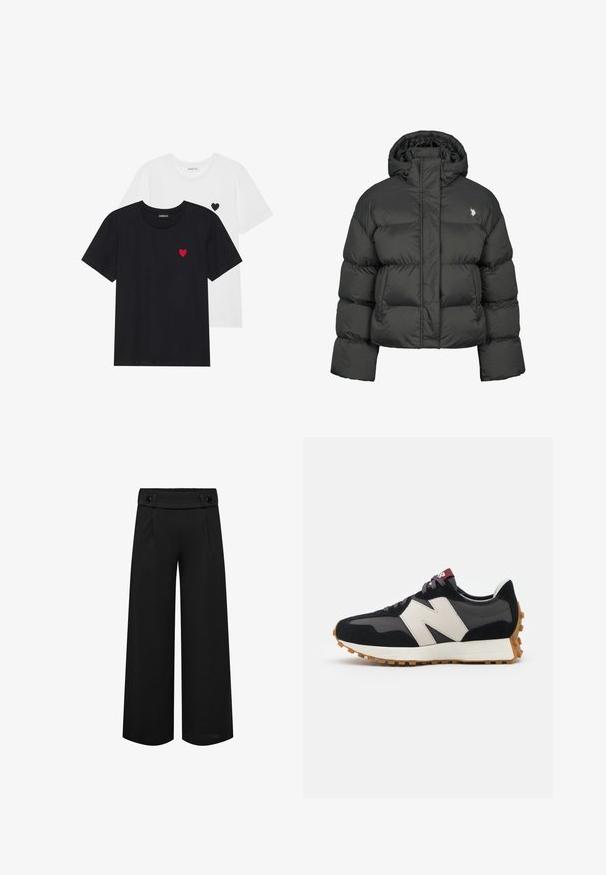 Juodas pūkinis švarkas su trumpu dizainu, turintis aukštą apykaklę ir sutrauktus rankogalvius. Kairėje pusėje esantis mažas logotipas. Lygus paviršius.; Even&Odd 2 PACK - Marškinėliai su spaudiniu - white/black; Juodi plačios kojos kelnių su aukštu liemeniu, plisuotėmis priekyje ir dviem sagomis ant liemens. Lygus audinys su pritaikytu dizainu.; Juoda ir pilka zomšinė sportinė avalynė su dideliu kreminiu "N" logotipu, violetinėmis raištelėmis ir tekstūruota gumos padu.