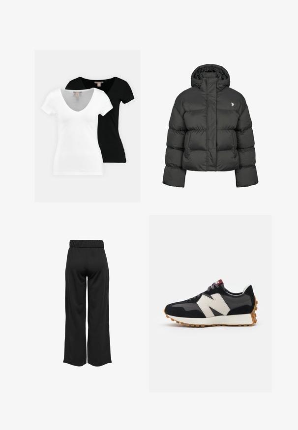 Melnā pūkainā jaka ar īsu dizainu, ar augstu apkakli un ribotām piedurknēm. Iekļauts mazs logo kreisajā pusē. Gluda tekstūra.; Divas īsām piedurknēm V veida kakla t-krekli, viens baltā krāsā un otrs melnā krāsā, izgatavoti no mīksta auduma, ar vienkāršu dizainu un bez redzamām izdrukām.; Melnas, platas bikses ar elastīgu jostu, izgatavotas no gludas auduma. Iespējamā tīra dizaina ar bez kabatām un redzamām šuvēm.; Melnas un pelēkas zamšādas sporta kurpes ar lielu krēmkrāsas "N" logotipu, purpura šņorēm un strukturētu gumijas zoli.