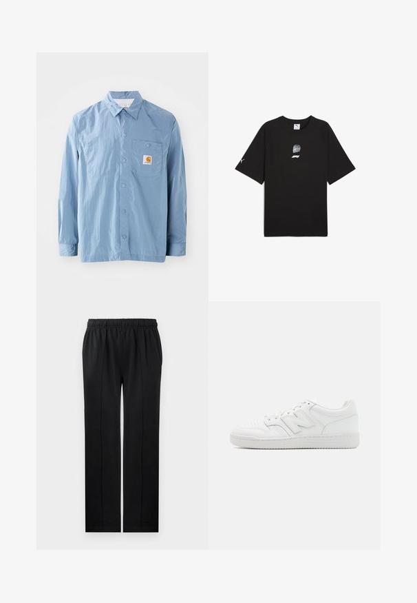 Light blue button-up shirt in lightweight fabric, featuring a patch pocket, snap buttons, and a logo label on the chest.; Black short-sleeve T-shirt made of cotton, featuring a graphic print of a racing helmet and logo on the front and a small logo on the sleeve.; Black trousers made of soft fabric with an elastic waistband, straight-leg design, and two side pockets. Features hidden stitching detail.; White sneaker made of smooth leather, featuring perforated toe, a textured rubber sole, flat laces, and a prominent 'N' logo on the side.