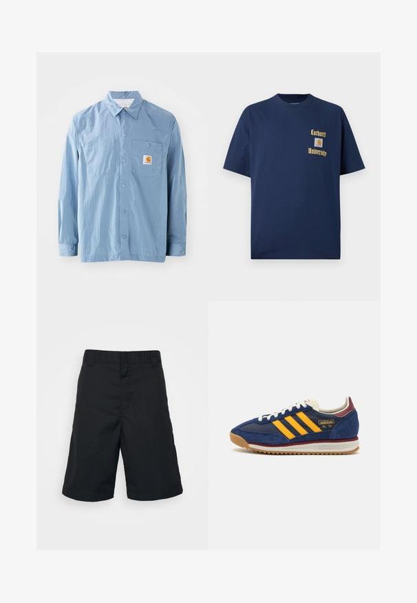 Lyseblå skjorte med knapper i letvægtsstof, der har en brystlomme, trykknapper og et logo mærke på brystet.; Marineblå bomulds T-shirt med korte ærmer, der har guld tekst "Carhartt University" og et logo patch på venstre bryst.; Sorte shorts lavet af vævet stof, med lige snit, standard talje og uden mønstre eller synligt hardware.; Marineblå suede sneakers med gule striber, hvide snørebånd og burgunder accenter. Tekstureret sål med riller for bedre greb. Brandlogo på siden.