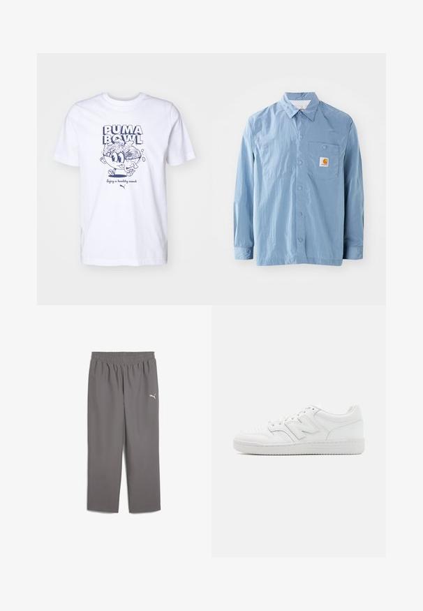 Gaiši zils pogājams krekls vieglā audumā, ar kabatu uz krūtīm, spiedpogu aizdari un logo birku.; Baltas kokvilnas T-krekls ar zilu karikatūru grafiku, uz kura ir attēlots šķīvis ar ēdienu un teksts "PUMA BOWL" un "Baudi veselīgu uzkodu."; Pelēkas sporta bikses ar elastīgu jostu, izgatavotas no viegla auduma. Kreisajā kājā ir neliels balts logo.; Balti sporta apavi, izgatavoti no gludas ādas, ar perforētu purngalu, struktūrētu gumijas zoli, plakaniem auklām un izteiktu 'N' logotipu sānos.