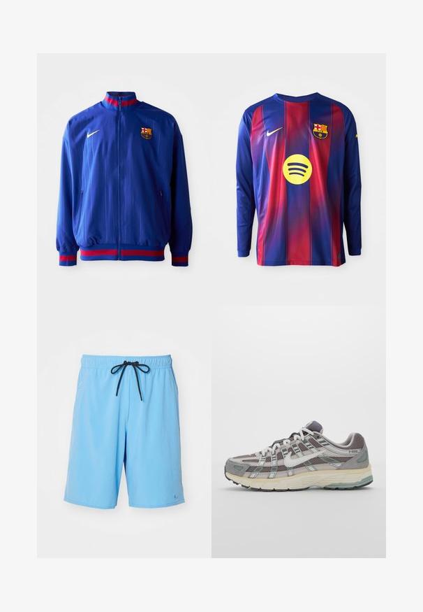 Sinine Nike sportjakk, millel on vertikaalsed triibud, kõrge krae ning punased ja sinised aktsendid. Sisaldab lukuga taskuid ja klubi logo.; Pikad varrukad jalgpallipaita, millel on sinised ja punased vertikaalsed triibud, Nike'i logo, Barcelona rear ja ringikujuline Spotify logo keskel.; Heledsinised püksid sünteetilisest materjalist, millel on elastne vöökoht musta nööriga ja väike logo aktsent.; Hallus hallitus jalanõud, millel on võrgust ja sametist ülemine osa, valged rõhutused, pehme tald ning eristuv disain peegelduvate elementidega.