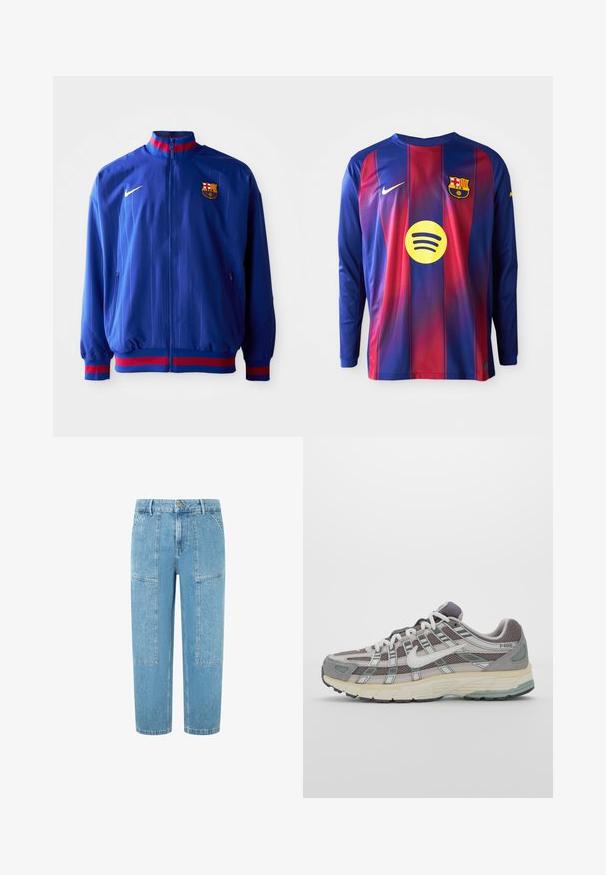 Blå Nike löparjacka med vertikala ränder, hög krage och röda och blå detaljer. Inkluderar fickor med dragkedja och klubbens logotyp.; Fotbollströja med lång ärm som har blåa och röda vertikala ränder, Nike-logotyp, Barcelonas klubbmärke och en cirkulär Spotify-logotyp i mitten.; Ljusblå denimjeans med rak passform, som har två stora fickor och subtila slitningar på tyget.; Grå atletiska sko med en överdel av mesh och mocka, vita accenter, en vadderad sula och en unik design med reflekterande element.