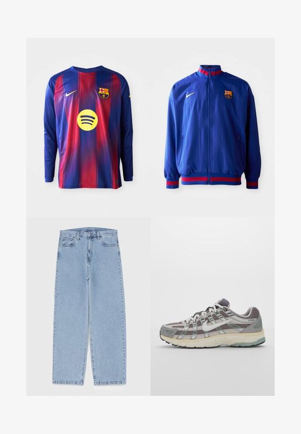 Kék Nike sportdzseki, függőleges csíkokkal, magas gallérral, piros és kék részletekkel. Cipzáras zsebekkel és klublogóval rendelkezik.; Hosszú ujjú futballmez, amely kék és piros függőleges csíkokkal, Nike logóval, Barcelona címerével és egy kör alakú Spotify logóval rendelkezik a közepén.; Világoskék farmernadrág egyenes szárú kivitelben, közepes derékkal, öt zsebbel, gombos és cipzáros záródással.; Szürke sportcipő, hálós és velúr felsőrésszel, fehér részletekkel, párnázott talppal és jellegzetes dizájnnal, amely visszaverő elemeket tartalmaz.