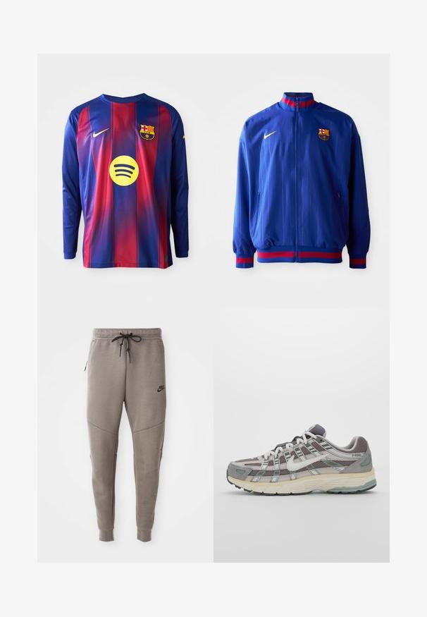 Blaue Nike-Trainingsjacke mit vertikalen Nadelstreifen, hohem Kragen und roten sowie blauen Akzenten. Verfügt über Reißverschlusstaschen und das Vereinslogo.; Langärmliges Fußballtrikot mit blauen und roten vertikalen Streifen, Nike-Logo, Barcelona-Wappen und einem runden Spotify-Logo in der Mitte.; Graue Nike-Sweatpants mit einem Kordelzugbund, schmal zulaufenden Beinen, seitlichen Taschen und auffälliger Nahtgestaltung. Weicher, strukturiert Stoff.; Grauer Sportschuh mit einem Obermaterial aus Mesh und Wildleder, weißen Akzenten, einer gepolsterten Sohle und einem charakteristischen Design mit reflektierenden Elementen.