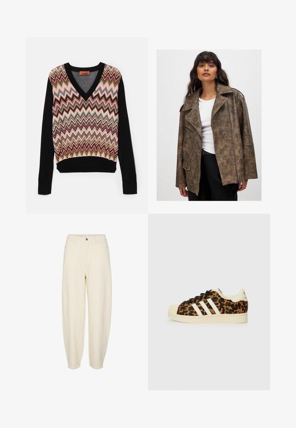 Ruda dirbtinės odos striukė su įpjovimu prie apykaklės, užtrauktuku priekyje ir šoninėmis kišenėmis. Pasižymi tekstūruotu paviršiumi ir laisvu siluetu.; V-formos megztinis su daugiakampiu zigzaginiu raštu rožinės, juodos ir rudos spalvų deriniais. Gumos audimo rankogaliai ir apatinė dalis yra juodos spalvos.; Šviesiai smėlio spalvos medvilninės kelnės su laisvu kirpimu, susiaurėjančiomis kojomis, priekinėmis kišenėmis ir viena sagute juosmens srityje.; Leopardų rašto sportbačiai su juodais raišteliais, balta trijų juostelių dizainu, grietinėlės spalvos guminiu pirštu ir padu, tekstūruota viršutinė medžiaga.