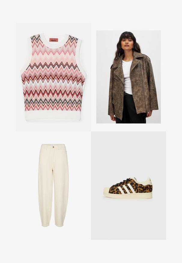 Ruda dirbtinės odos striukė su įpjovimu prie apykaklės, užtrauktuku priekyje ir šoninėmis kišenėmis. Pasižymi tekstūruotu paviršiumi ir laisvu siluetu.; Beigimis su zigzago raštu, tamsiai rožinė, juoda ir balta, pagamintas iš tekstūruoto megztinio audinio su raštuotais kraštais.; Šviesiai smėlio spalvos medvilninės kelnės su laisvu kirpimu, susiaurėjančiomis kojomis, priekinėmis kišenėmis ir viena sagute juosmens srityje.; Leopardų rašto sportbačiai su juodais raišteliais, balta trijų juostelių dizainu, grietinėlės spalvos guminiu pirštu ir padu, tekstūruota viršutinė medžiaga.