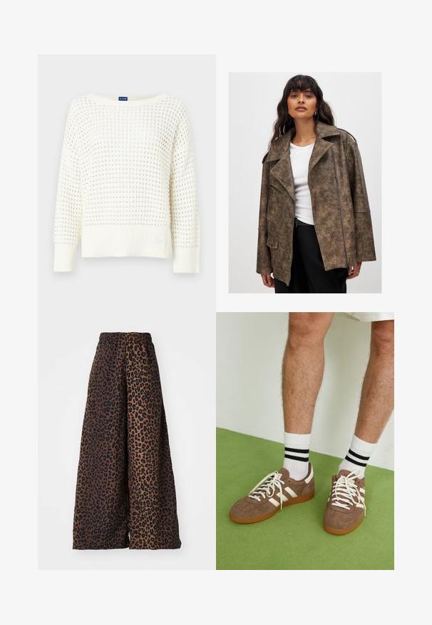 Veste en cuir synthétique marron avec un col à revers, fermeture éclair à l'avant et poches latérales. Elle présente une finition texturée et une coupe décontractée.; Pull en tricot blanc avec une coupe ample, un motif de tissage ouvert, et des poignets et un ourlet côtelés. Étiquette cousue en bas à gauche.; Pantalons larges en tissu lisse, présentant un fond marron avec un motif léopard noir et une taille élastique.; Baskets en daim marron avec des accents et des lacets blancs. Semelle en caoutchouc gomme. Portées avec des chaussettes blanches à rayures noires. Sol texturé vert.