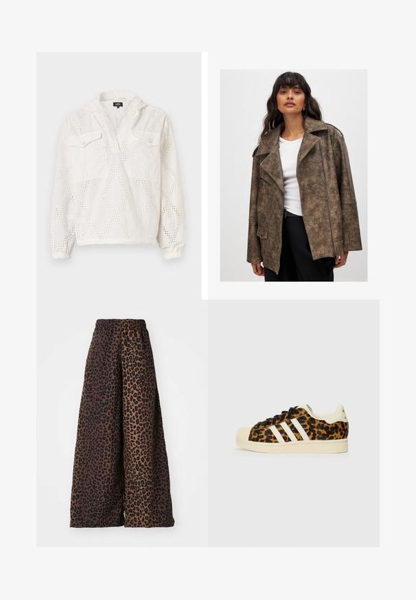 Giacca in finta pelle marrone con colletto a scollo a V, chiusura con zip e tasche laterali. Presenta una finitura texturizzata e una vestibilità rilassata.; Maglia bianca a collo alto con ritagli a forma di diamante, due tasche frontali e polsini elasticizzati. Il tessuto sembra leggero e traspirante.; Pantaloni a gamba larga realizzati in tessuto morbido, con uno sfondo marrone e una stampa leopardata nera e una vita elastica.; Sneaker con stampa leopardata, con lacci neri, design a tre strisce bianche, punta e suola in gomma color crema, materiale superiore testurizzato.
