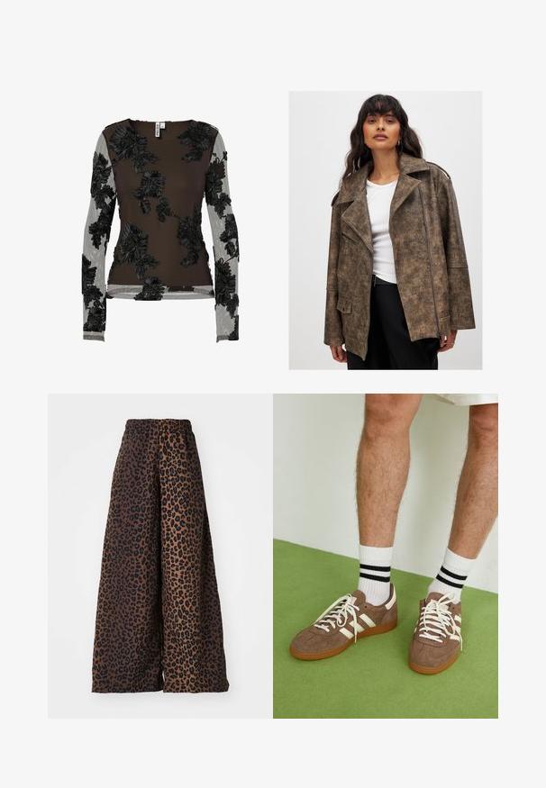 Burgundu mākslīgās ādas jaka ar iegrieztu apkakli, rāvējslēdzēja priekšpusi un sānu kabatām. Raksturīga teksturēta virsma un brīva piegriezuma forma.; Garām piedurknēm tops tumši brūnā audumā ar sarežģītu melnu ziedu izšuvumu caurspīdīgās piedurknēs un uz ķermeņa. Apaļa kakla izgriezums, pieguļošs dizains.; Platas kājas bikses no gludas auduma ar brūnu fonu, kurā ir melna leopardu raksts, un elastīgu jostasvietu.; Brūni zamša sporta apavi ar baltām akcentu un auklām. Kaučuka zole. Nēsāti ar baltām zeķēm, kurām ir melnas svītras. Zaļa struktūrēta grīda.