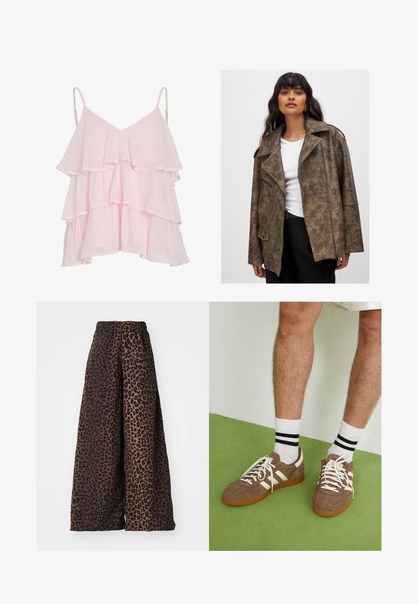 Pruun kunstnahkjope, millel on lõigatud krae, tõmblukuga ees ja küljetaskud. Omab tekstuurset viimistlust ja mugavat lõiget.; Heledad roosa kihiline ilma varrukateta topp, millel on reguleeritavad spagetivarrukad ja voolav, volangiline disain.; Laiad püksid siledast kangast, millel on pruun taust musta leopardimustriga ja elastne vöökoht.; Prune nahkkingad valgete aktsentide ja paeltega. Kummikummist tallad. Kandu valgeid sokke mustade triipudega. Roheline tekstuuriga põrand.