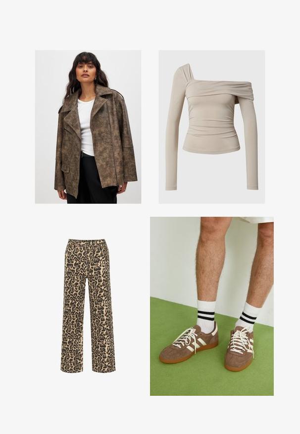 Ruskea tekonahkajakku, jossa on leikkauksellinen kaulus, vetoketjukiinnitys edessä ja sivutaskut. Ominaisuuksiin kuuluu tekstuuroitunut pinta ja rento istuvuus.; Beige pitkähihaine yläosa, jossa on olkaimeton muotoilu, röyhelötekijä ja istuva siluetti. Sileä, joustava kangas.; Beige ja musta leopardimusteriga laiad püksid, millel on nupplsulgemine ja mitmed taskud, valmistatud tekstureeritud kangast.; Ruske nahkate sneakerit valkoisilla korostuksilla ja nauhoilla. Kumi-gumipohja. Yhdistetty valkoisiin sukkiin, joissa on mustia raitoja. Vihreä teksturoitu lattia.