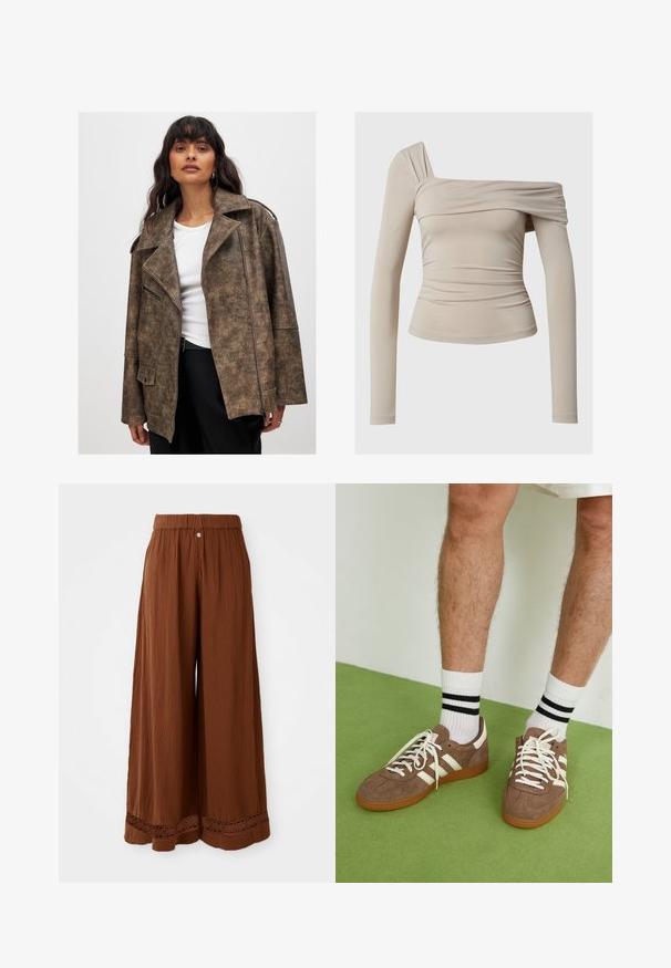 Pruun kunstnahkjope, millel on lõigatud krae, tõmblukuga ees ja küljetaskud. Omab tekstuurset viimistlust ja mugavat lõiget.; Beige pikkade varrukatega top koos õlavarrest avatud disainiga, millel on kortsuline tekstuur ja ülikitsas siluett. Sile ja veniv materjal.; Laiad pruunid püksid, mis on valmistatud tekstureeritud kangast, koos kokkukogutud vöökohtade ja pitsdetailidega allääres.; Prune nahkkingad valgete aktsentide ja paeltega. Kummikummist tallad. Kandu valgeid sokke mustade triipudega. Roheline tekstuuriga põrand.