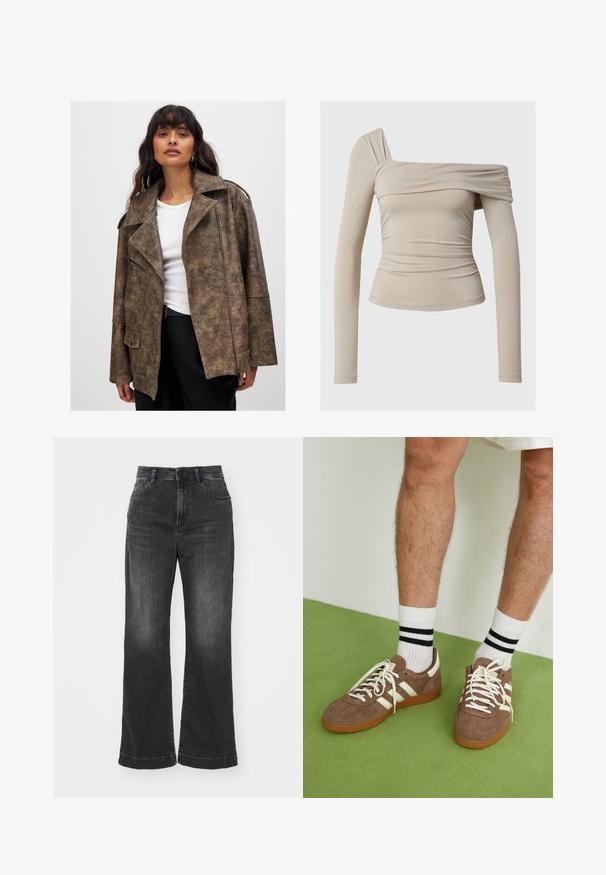 Burgundu mākslīgās ādas jaka ar iegrieztu apkakli, rāvējslēdzēja priekšpusi un sānu kabatām. Raksturīga teksturēta virsma un brīva piegriezuma forma.; Beige zābaku piedurknes tops ar atvērtām plecu daļām, ar ručveida tekstūru un pieguļošas siluets. Gluda, elastīga auduma.; Platas kāju melnas džinsa bikses ar augstu vidukli, piecu kabatu dizainu un izbalējušu tekstūru. Iespējama pogas un rāvējslēdzēja aizdare.; Brūni zamša sporta apavi ar baltām akcentu un auklām. Kaučuka zole. Nēsāti ar baltām zeķēm, kurām ir melnas svītras. Zaļa struktūrēta grīda.