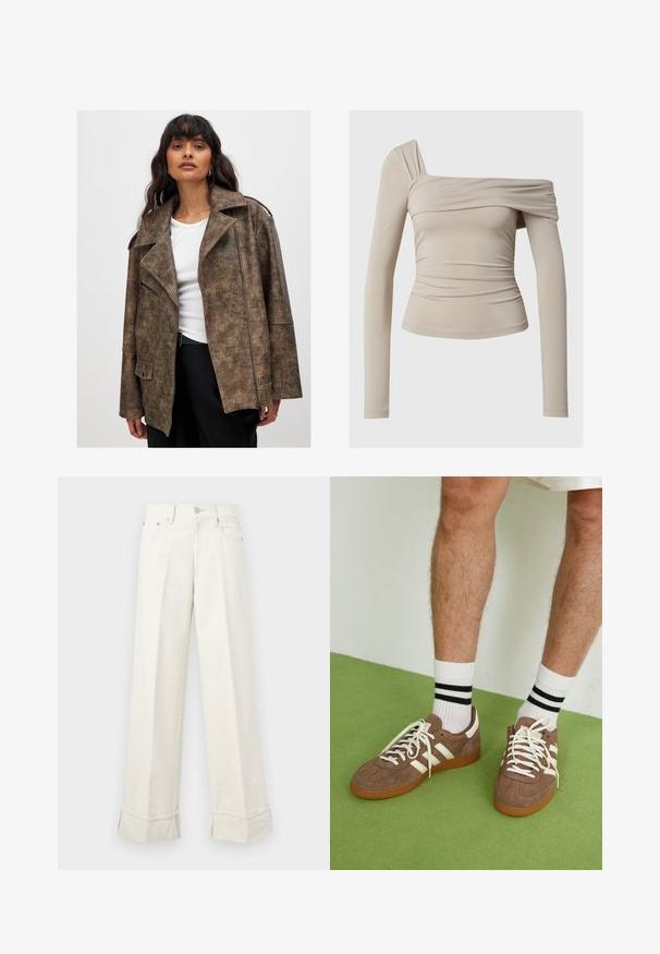 Brązowa kurtka z faux skórki z wyłamywanym kołnierzem, zamkiem błyskawicznym z przodu i kieszeniami bocznymi. Charakteryzuje się teksturowanym wykończeniem i luźnym krojem.; Beżowy top z długim rękawem, z dekoltem odsłaniającym ramiona, charakteryzujący się marszczonym wzorem i dopasowanym krojem. Gładki, elastyczny materiał.; Szerokie kremowe spodnie z bawełny, z wywiniętym dołem i szlufkami na pasek. Zaprojektowane z dwiema przednimi kieszeniami i zapięciem na guzik z przodu.; Brązowe zamszowe sneakersy z białymi akcentami i sznurówkami. Gumowa, brązowa podeszwa. Noszone z białymi skarpetkami w czarne paski. Zielona teksturowana podłoga.