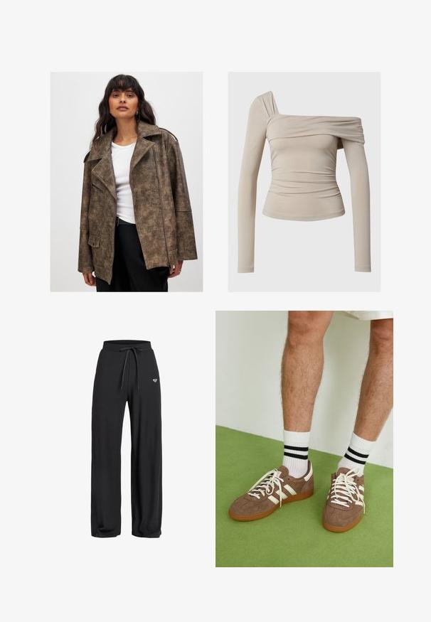 Hnedá syntetická kožená bunda s klopovým golierom, zipsom vpredu a bočnými vreckami. Má textúrovaný povrch a voľný strih.; Bežová dlhá rukávová blúzka s off-the-shoulder dizajnom, ktorý zdobí riasenie a priliehavý strih. Hladká a elastická tkanina.; Čierne rebrované nohavice s voľnými nohavicami, elastickým pásom a šnúrkou, s malým logom vpredu. Hladká textúra.; Hnedé zamatové tenisky s bielymi akcentmi a šnúrkami. Gumová podrážka. Nosené s bielymi ponožkami so čiernymi pruhmi. Zelená textúrovaná podlaha.