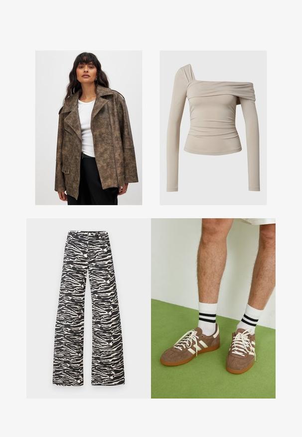 Rjava umetna usnjena jakna z zareznim ovratnikom, zadrgo spredaj in stranskimi žepi. Ima teksturirano površino in sproščen kroj.; Bež majica dolgih rokavov z dizajnom brez ramen, ki ima nabrano teksturo in prilegajoč silhueto. Gladek, raztegljiv material.; Hlače širokih nogavic v črno-belem vzorcu zebre. Narejene iz teksturirane tkanine s klasičnim pasom in sprednjimi žepi.; Rjavi semiš športni čevlji z belimi detajli in vezalkami. Gumijast podplat. Nošeni z belimi nogavicami z črnimi črtami. Zelena teksturirana talna obloga.