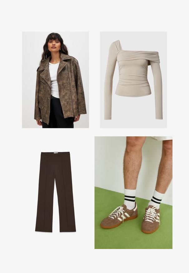 Ruda dirbtinės odos striukė su įpjovimu prie apykaklės, užtrauktuku priekyje ir šoninėmis kišenėmis. Pasižymi tekstūruotu paviršiumi ir laisvu siluetu.; Bežinė ilgaa sėklia palaidinė su nuleistais pečiais, turinti sutrauktą tekstūrą ir prigludusią siluetą. Smooth stretchy audinys.; Rudos, plačios kojos kelnės, pagamintos iš lygios medžiagos; turi priekinę raukšlę ir standartinį juosmenį. Minimalistinis dizainas be matomų užtrauktukų.; Rudoni veršiai sportbačiai su baltais akcentais ir raišteliais. Gumos padu. Dėvimi su baltais kojinėmis, turinčiomis juodas juostas. Žalios tekstūruotos grindys.