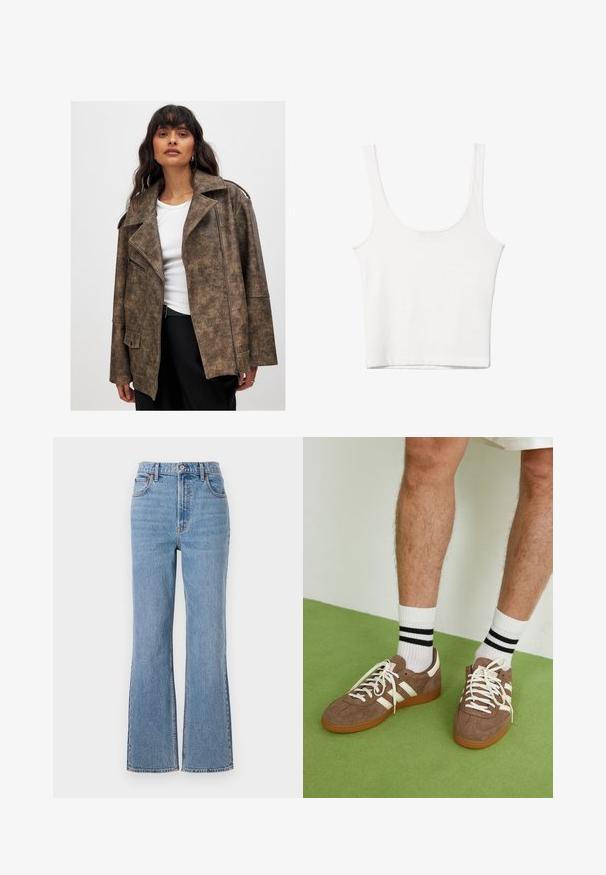 Hnedá syntetická kožená bunda s klopovým golierom, zipsom vpredu a bočnými vreckami. Má textúrovaný povrch a voľný strih.; Biely bavlnený top bez rukávov s okrúhlym výstrihom a priliehavým strihom. Hladká textúra, jednoduchý dizajn a minimálne švy.; Abercrombie & Fitch FRONT TO BACK TONAL STRAIGHT - Džínsy voľného strihu - blue denim; Hnedé zamatové tenisky s bielymi akcentmi a šnúrkami. Gumová podrážka. Nosené s bielymi ponožkami so čiernymi pruhmi. Zelená textúrovaná podlaha.